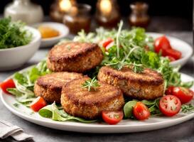 ai generato delizioso carne cotolette con fresco insalata su un' bianca piatto foto