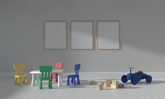 camera dei bambini, casa dei giochi, mobili per bambini con mockup di giocattoli e cornici foto