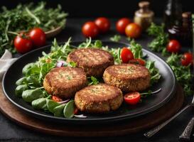 ai generato delizioso carne cotolette con fresco insalata su un' nero piatto foto