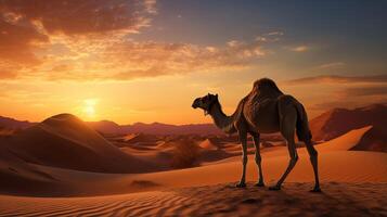 ai generato solitario cammello sta di bruciante calore sabbioso deserto orologi a ambientazione sole, cammello simboleggia lotta foto