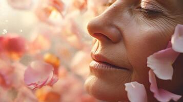 ai generato rosa petali delicatamente cascata su mezzo anziano donna viso nel vicino su ritratto foto