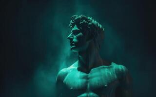 ai generato antico antico statua di maschio persona nel mistico neon splendore foschia, cupo buio sfondo foto