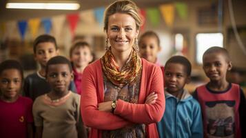 ai generato ritratto di mezzo anziano femmina insegnante sorrisi con braccia attraversato nel aula pieno di bambini foto