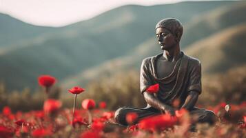 ai generato bronzo statuetta di Meditare maschio yogi tra rosso fiori contro mozzafiato montagna paesaggio foto