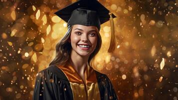 ai generato contento giovane donna indossare la laurea berretto e abito, sorridente giovane ragazza travi con felicità foto