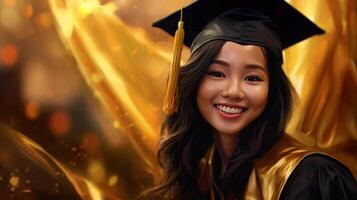 ai generato contento asiatico giovane ragazza indossare la laurea berretto e abito, sorridente ragazza travi con felicità foto