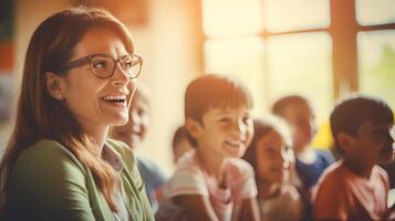 ai generato bello sorridente donna insegnante nel bambini classe irradia positività foto