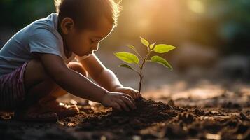 ai generato poco ragazzo accuratamente impianti albero alberello nel terra di luce del sole giardino la creazione di commovente scena foto