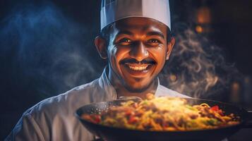 ai generato sorridente indiano capocuoco cucinando saporito speziato piatto in mostra aromatico fascino di indiano cucina foto