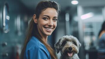 ai generato giovane veterinario ragazza azioni gioioso momento con giocoso cane nel clinica simboleggia importanza di animale domestico controlli foto