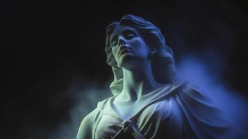 ai generato antico antico statua di femmina persona nel mistico neon splendore foschia, cupo buio sfondo foto