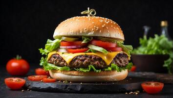 ai generato gustoso hamburger al formaggio con carne pomodori e verde insalata su buio sfondo foto