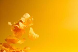 ai generato Patata patatine fritte avvicinamento su un' giallo sfondo, levitazione, volo foto