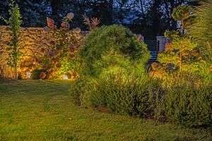 Giardino dietro la casa giardino illuminato di guidato illuminazione sistema foto