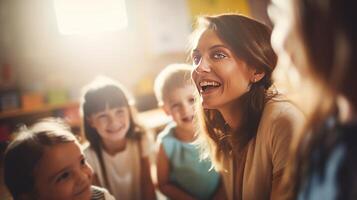 ai generato bello sorridente donna insegnante nel bambini classe irradia positività foto