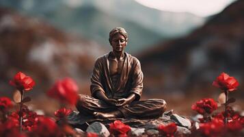 ai generato bronzo statuetta di Meditare maschio yogi tra rosso fiori contro mozzafiato montagna paesaggio foto