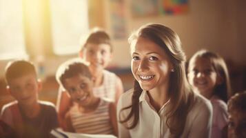 ai generato bello sorridente donna insegnante nel bambini classe irradia positività foto