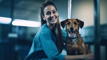 ai generato giovane veterinario ragazza azioni gioioso momento con giocoso cane nel clinica simboleggia importanza di animale domestico controlli foto