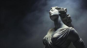 ai generato antico antico statua di femmina persona nel mistico foschia su cupo buio sfondo, bellissimo statua foto