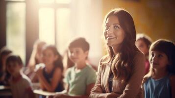 ai generato bello sorridente donna insegnante nel bambini classe irradia positività foto