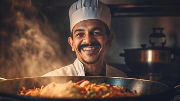 ai generato sorridente indiano capocuoco cucinando saporito speziato piatto in mostra aromatico fascino di indiano cucina foto