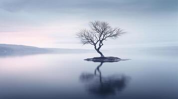 ai generato solitario albero nel mezzo di brullo lago crea malinconico atmosfera evocando senso di solitudine foto