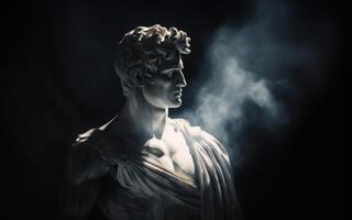 ai generato antico antico statua di maschio persona nel mistico foschia su cupo buio sfondo, bellissimo statua foto