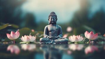 ai generato meditativo Budda statua circondato di fioritura fiori di loto nel calma acque di stagno foto