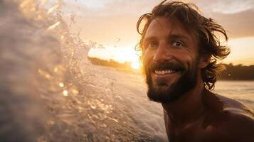 ai generato vicino su di attraente uomo nuoto nel mare a d'oro caldo splendore di tramonto circondato di mare spray foto