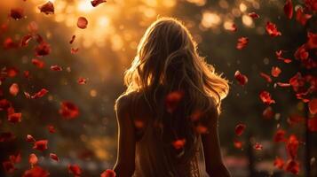 ai generato indietro Visualizza di lungo dai capelli giovane ragazza sta bagnata nel luce del sole sotto rosso rosa petali delicatamente cascata foto