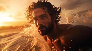 ai generato vicino su di attraente uomo nuoto nel mare a d'oro caldo splendore di tramonto circondato di mare spray foto