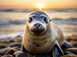 ai generato bambino foca su il spiaggia a tramonto. foto