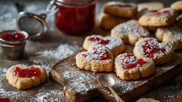 ai generato fatti in casa diletto linzer biscotti con marmellata e in polvere zucchero foto