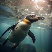 ai generato pinguino nuotate sott'acqua. pinguino giorno foto