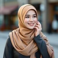 ai generato carino sorridente musulmano ragazza nel hijab. vita stile. avvicinamento ritratto foto