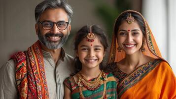 ai generato indiano famiglia con figlia indossare tradizionale saree e in posa a casa. foto
