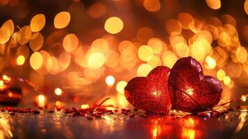 ai generato romantico rosso luccichio cuori e caldo bokeh luci foto