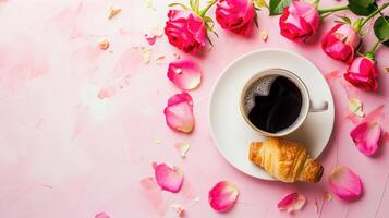 ai generato mattina caffè e brioche con rosa Rose foto