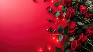 ai generato romantico rosso Rose su vivido rosso sfondo con festivo luci foto