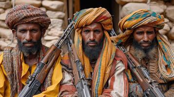 ai generato tre arabo uomo con pistole a Shibam, yemen. foto