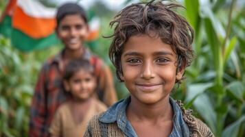 ai generato ritratto di indiano ragazzo e bambini sorridente a telecamera con India bandiera nel sfondo Mais campo. foto