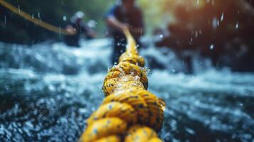 ai generato rapido correnti lavoro di squadra nel fiume attraversamento foto