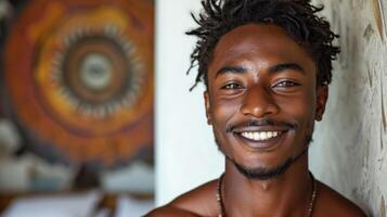 ai generato ritratto di un' bello giovane africano uomo sorridente a il telecamera foto