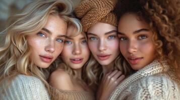 ai generato bellissimo quattro multiculturale ragazze nel beige maglioni e cappelli guardare a telecamera. foto