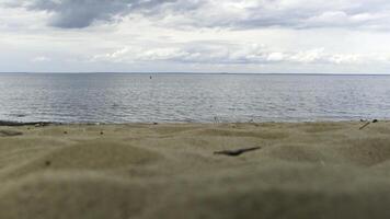 vicino su di sabbioso riva e increspato mare su blu nuvoloso cielo sfondo. concetto. naturale sfondo uccello gabbiano volante lentamente sopra il mare vicino per acqua superficie. foto