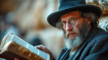 ai generato vecchio ebraico uomo lettura un' libro nel il vecchio cittadina. foto