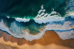 superiore Visualizza aereo Immagine a partire dal fuco di un sbalorditivo bellissimo mare paesaggio spiaggia con turchese acqua con copia spazio, bellissimo sabbia spiaggia con turchese acqua, ai generato. foto