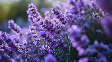 ai generato incantevole avvicinamento Visualizza di lavanda fiori all'aperto, delicato bellezza in mezzo bokeh sfondo foto