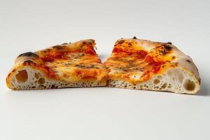 ai generato delizioso Pizza tagliare nel metà riposo su bianca superficie, appetitoso e salato foto