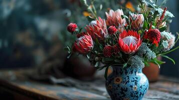 ai generato squisito protea nel ceramica vaso preparativi - rustico eleganza con bokeh sfondo foto